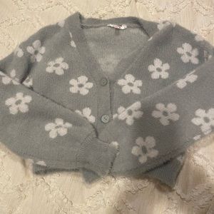 No Boundaries Fuzzy Cropped Sage Green Cardigan Sweater with White Flowers